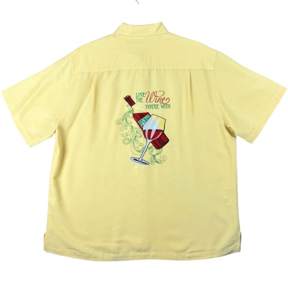Caribbean Men's XL Yellow Wine Embroidery Short Sleeve Camp Shirt Herringbone